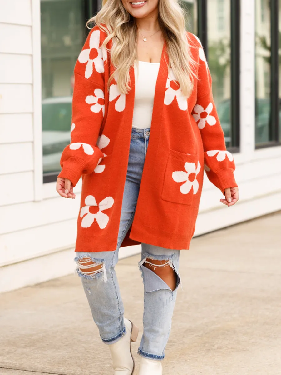 Flower Patterned Red Sweater Cardigan