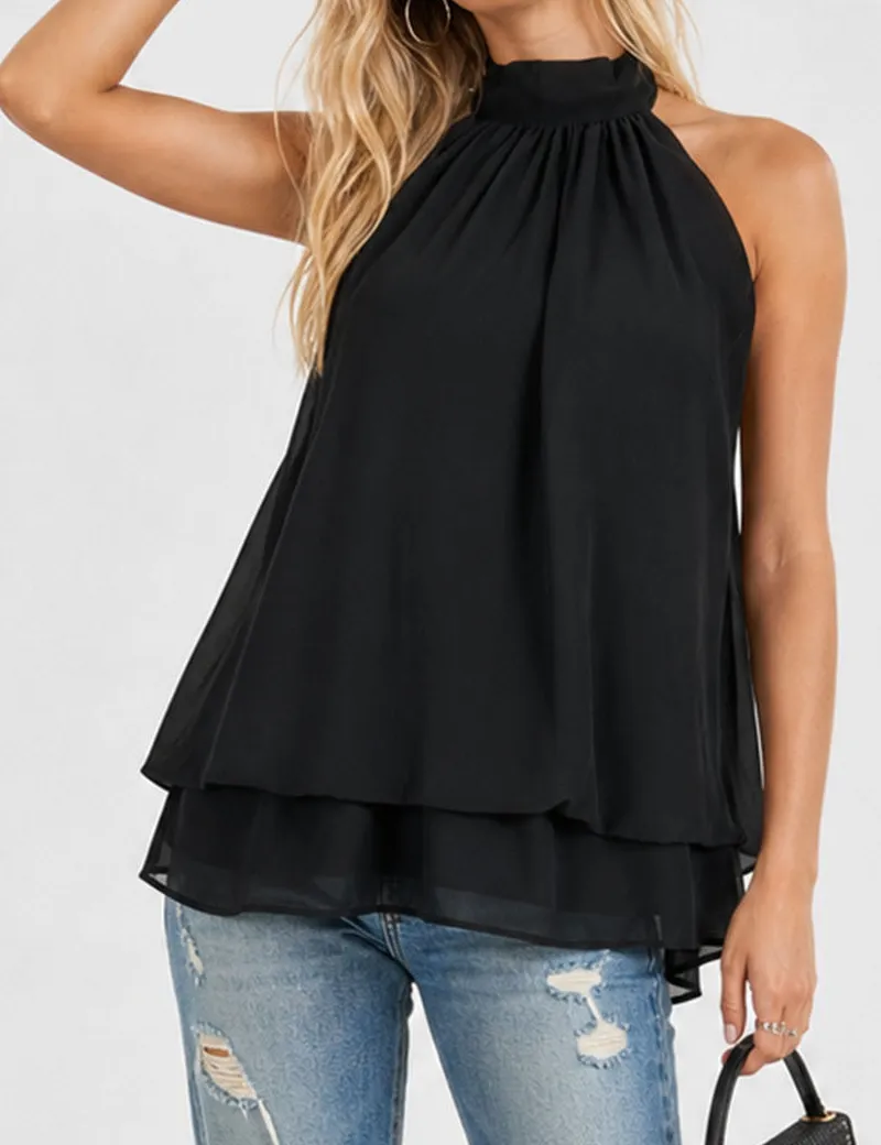 Chiffon Stand Neck Solid Color Ruffle Hem Sleeveless Top