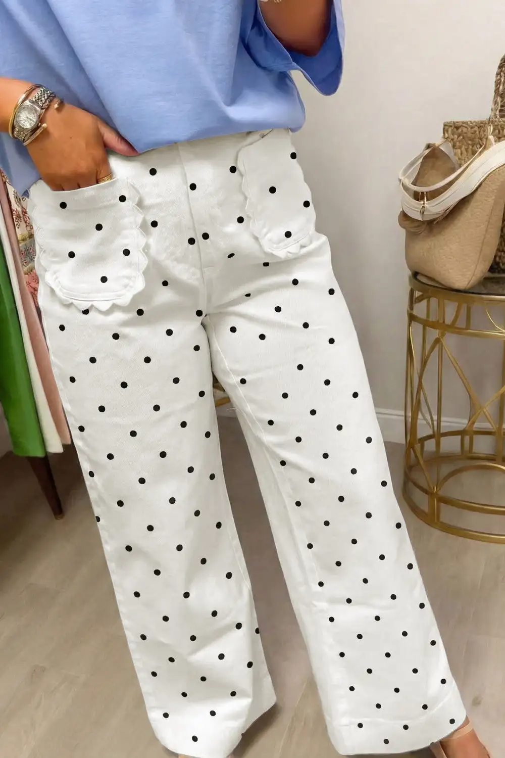 Polka Dot Scalloped Patch Pants