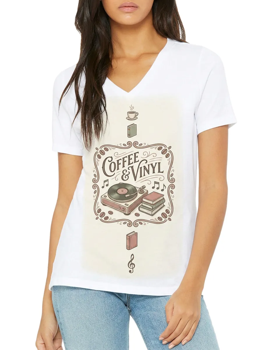 Women's Coffee Vinyl Book Lover Printed V-neck T-shirt