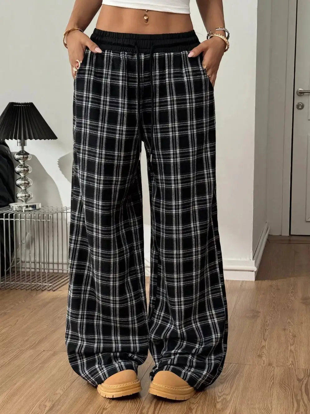 Plaid Wide Leg Pants With Elastic Waistband