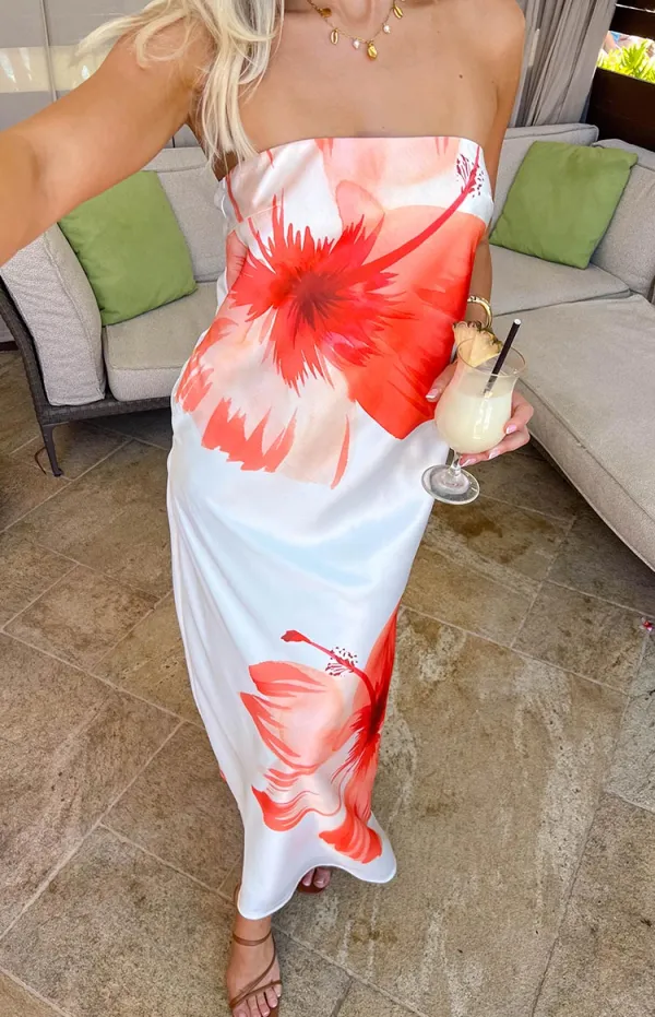 Satin Strapless Floral Flowy Maxi Dress