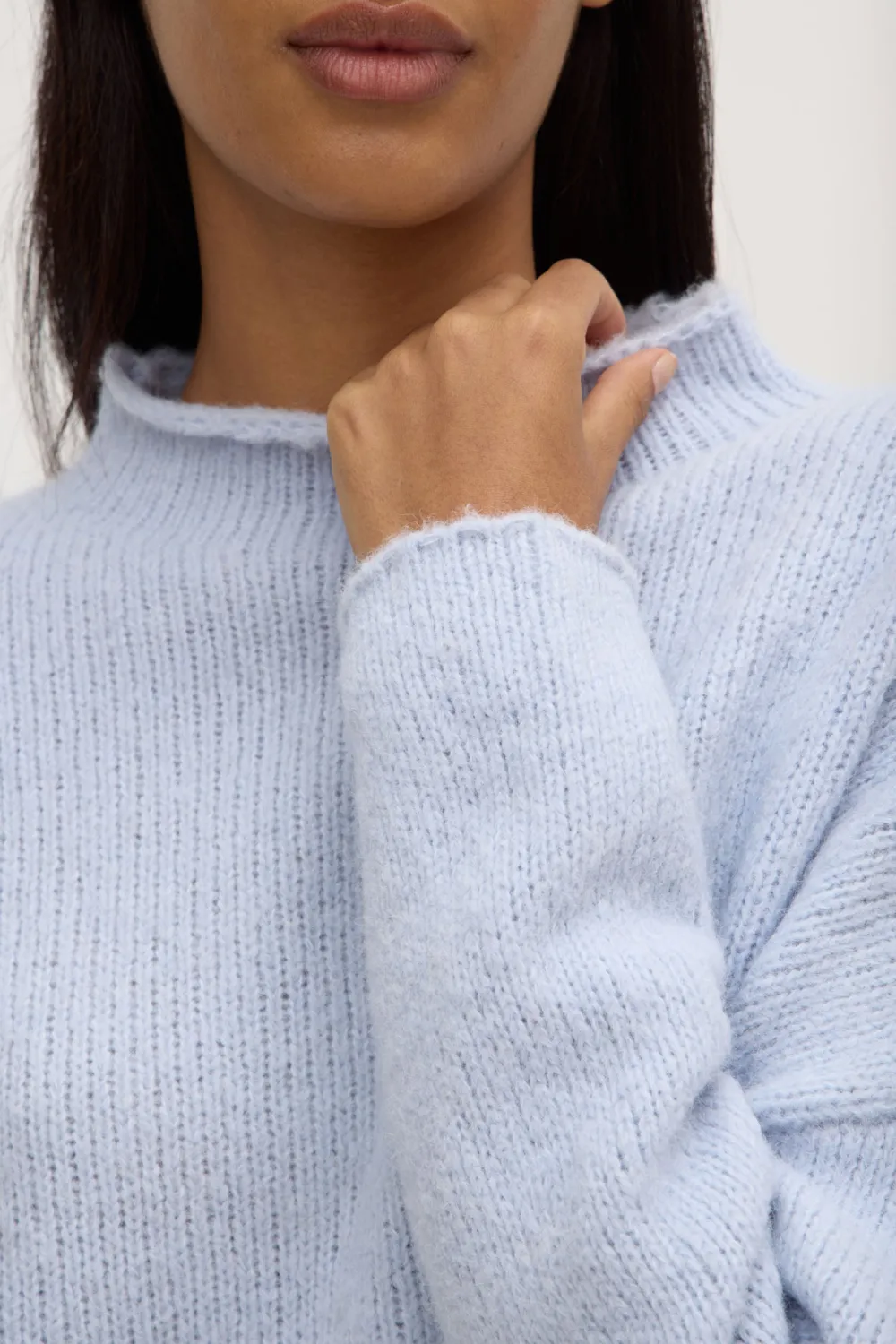 Loose Knit Sweater With Shoulder Drop And Stand Up Collar