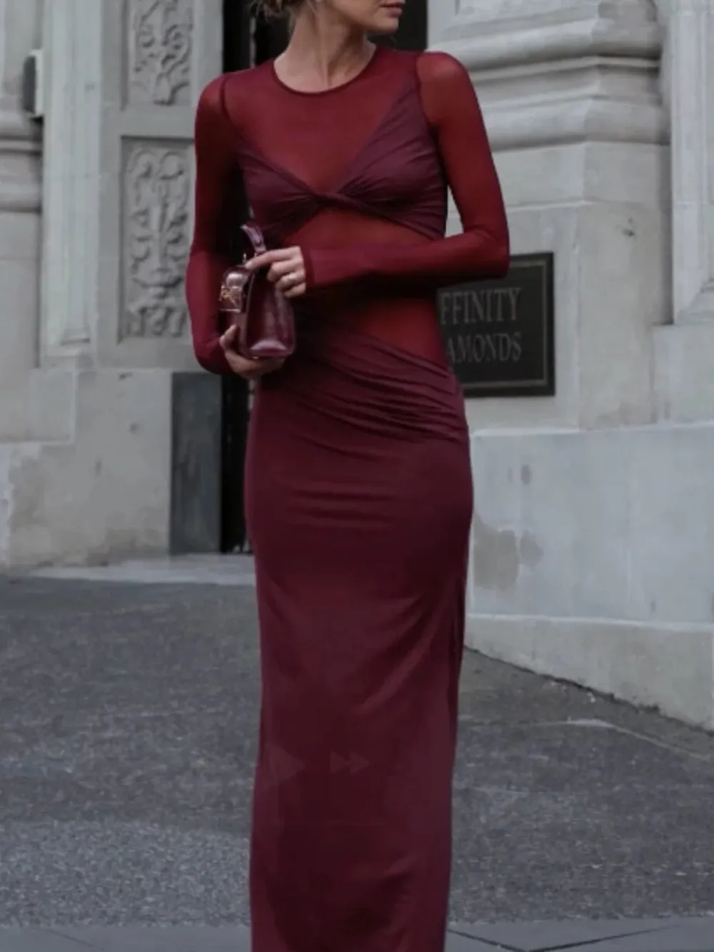 Sheer Slit Round Neck Long Sleeve Dress