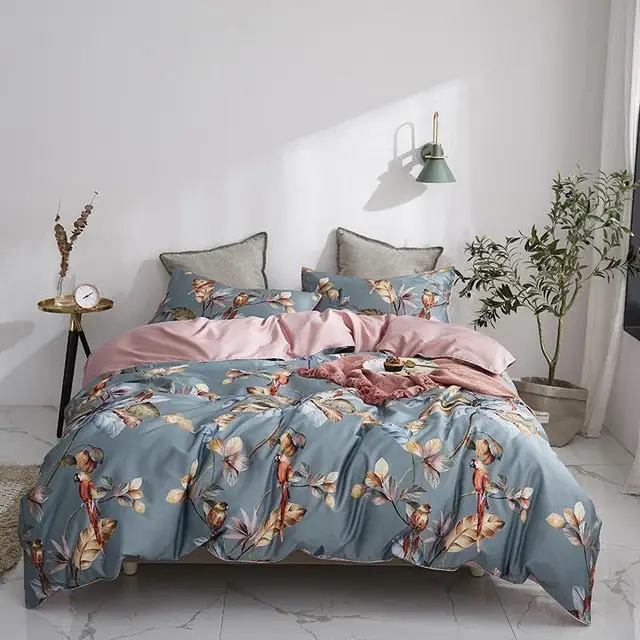 (Store Closing Sale) 6Pcs Luxury Egyptian Cotton Bedding Set Bright Flamingo Leaf Duvet Cover Bed Fitted sheet