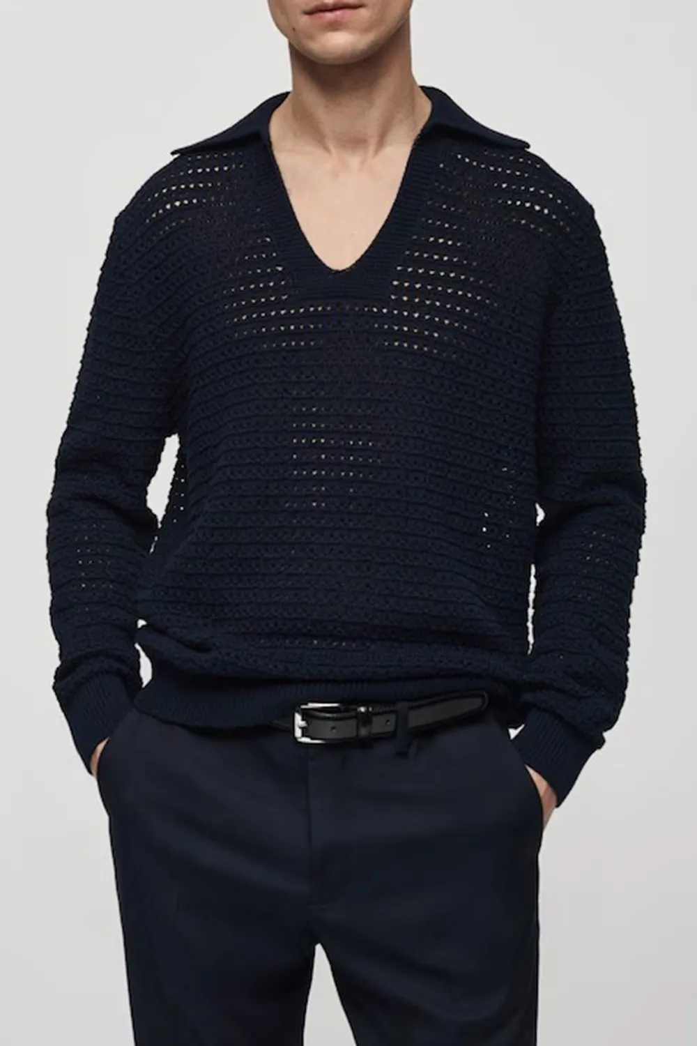 Openwork Knit Polo Neck Sweater