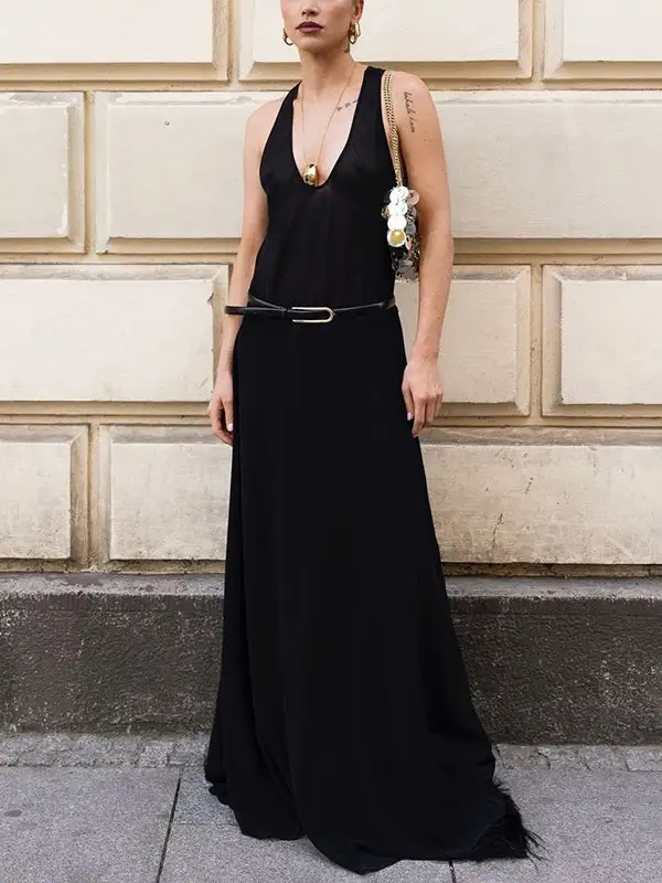 Belted Sleeveless Neck Maxi Dress
