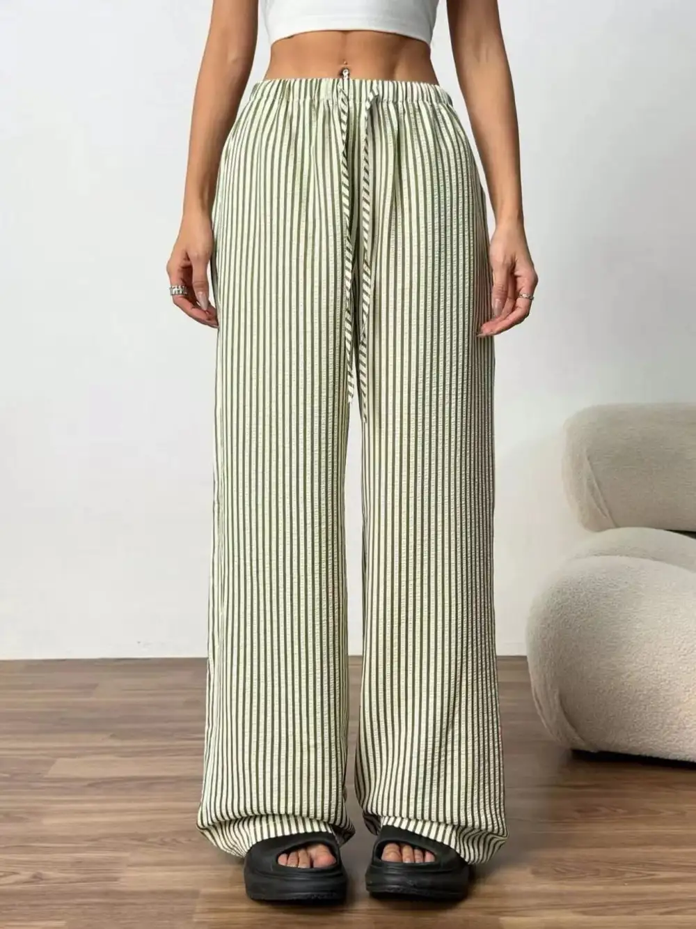 Full Size Striped Drawstring Waist Wide Leg Pants