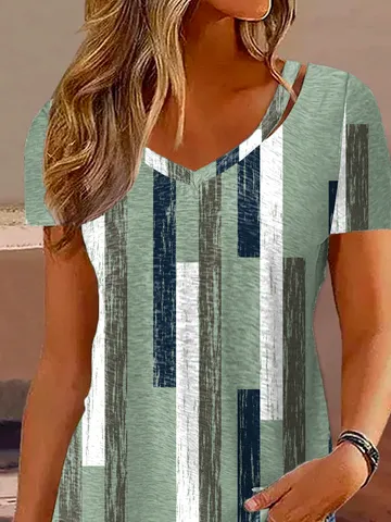 V Neck Casual Striped Printed Blouse