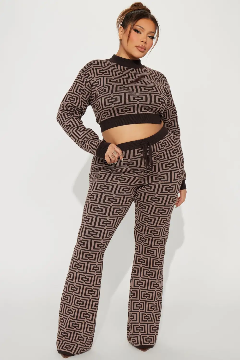 In A Spiral Sweater Pant Set - Brown
