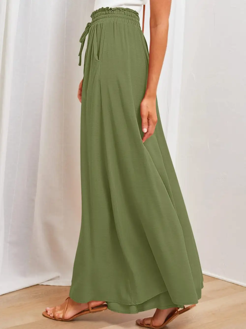 Textured Wide Leg Pants With Pocket