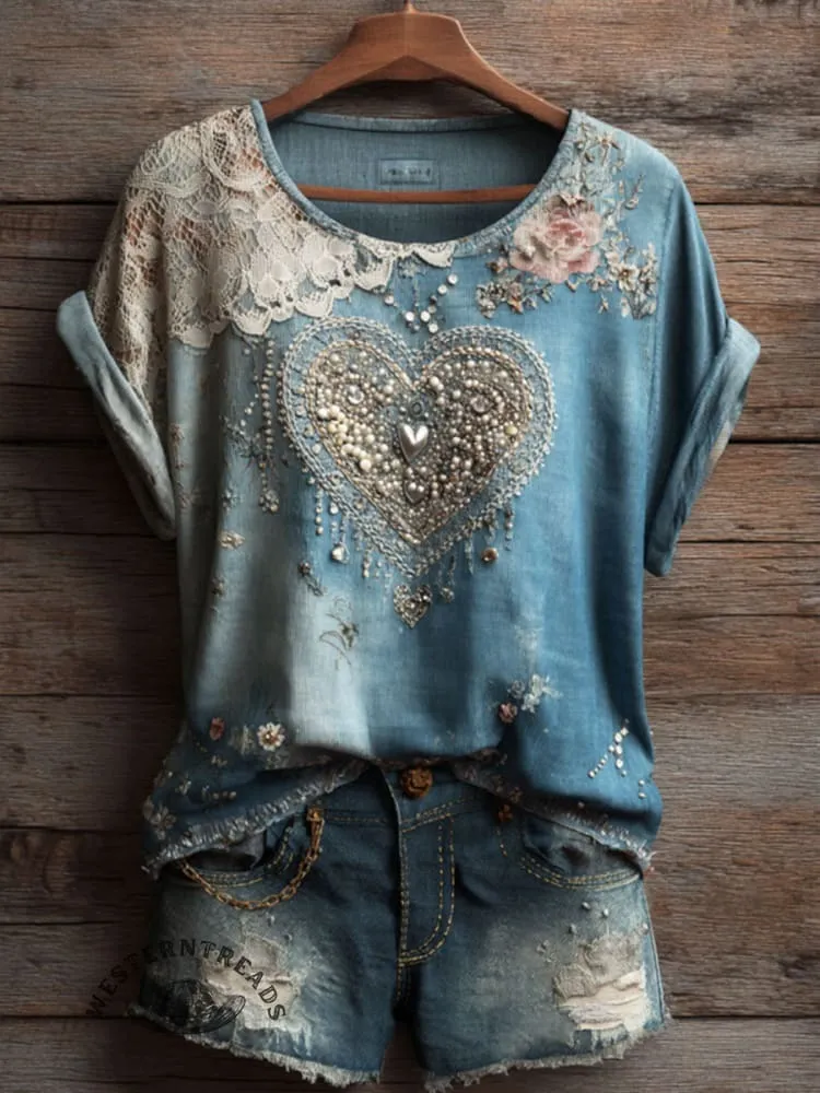 Women's Vintage Heart Art Print Casual Short Sleeve T-shirt