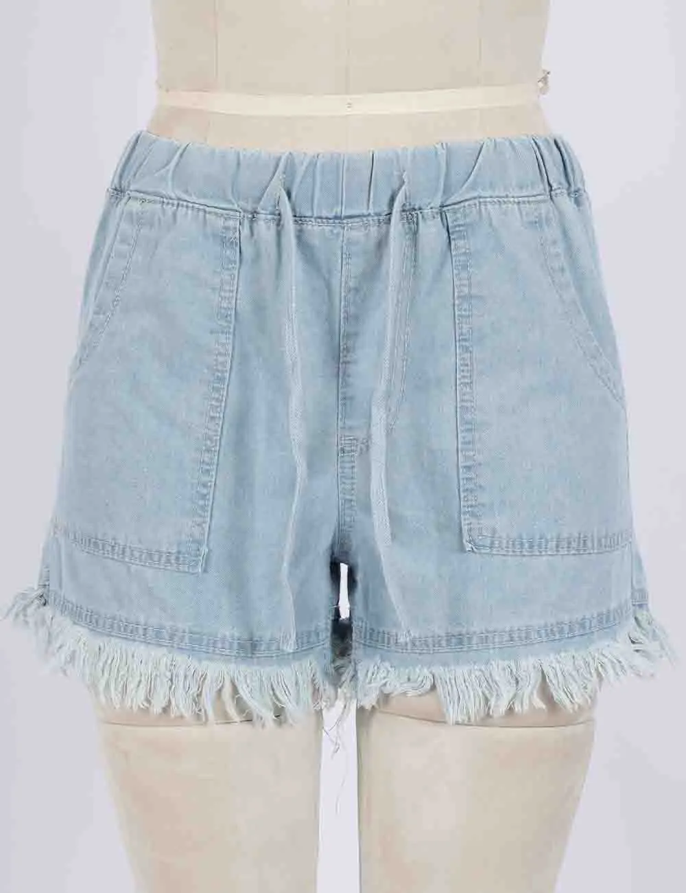 Drawstring Waist Frayed Hem Denim Shorts