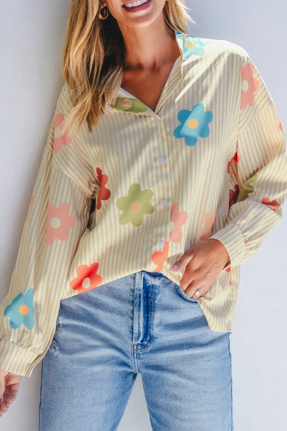 Apricot Stripe Flower Print Collared Button-Up Loose Fit Shirt