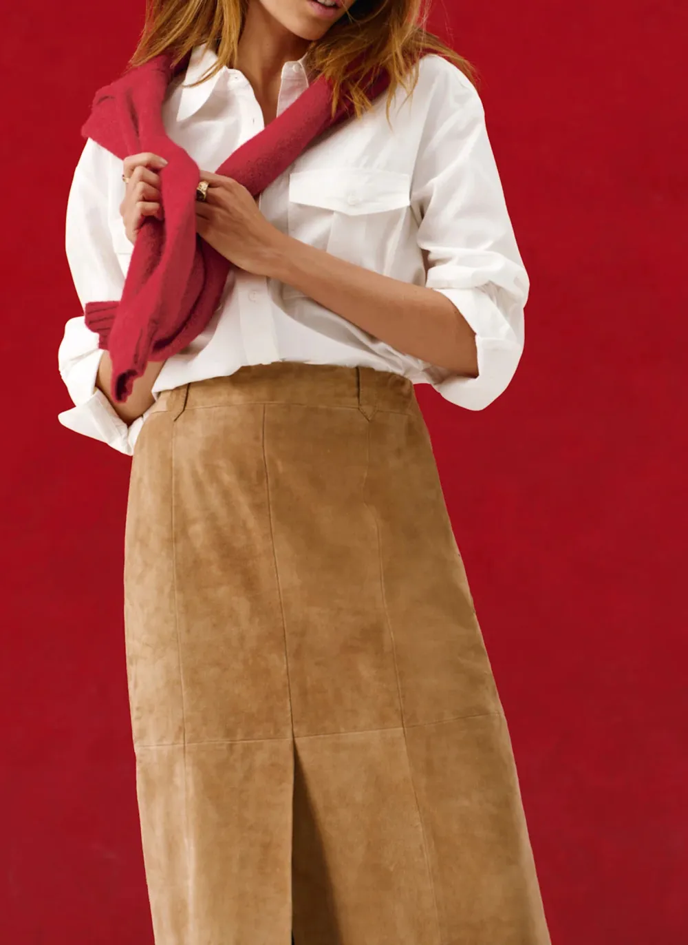 Casual Style Neutral Suede Midi Skirt