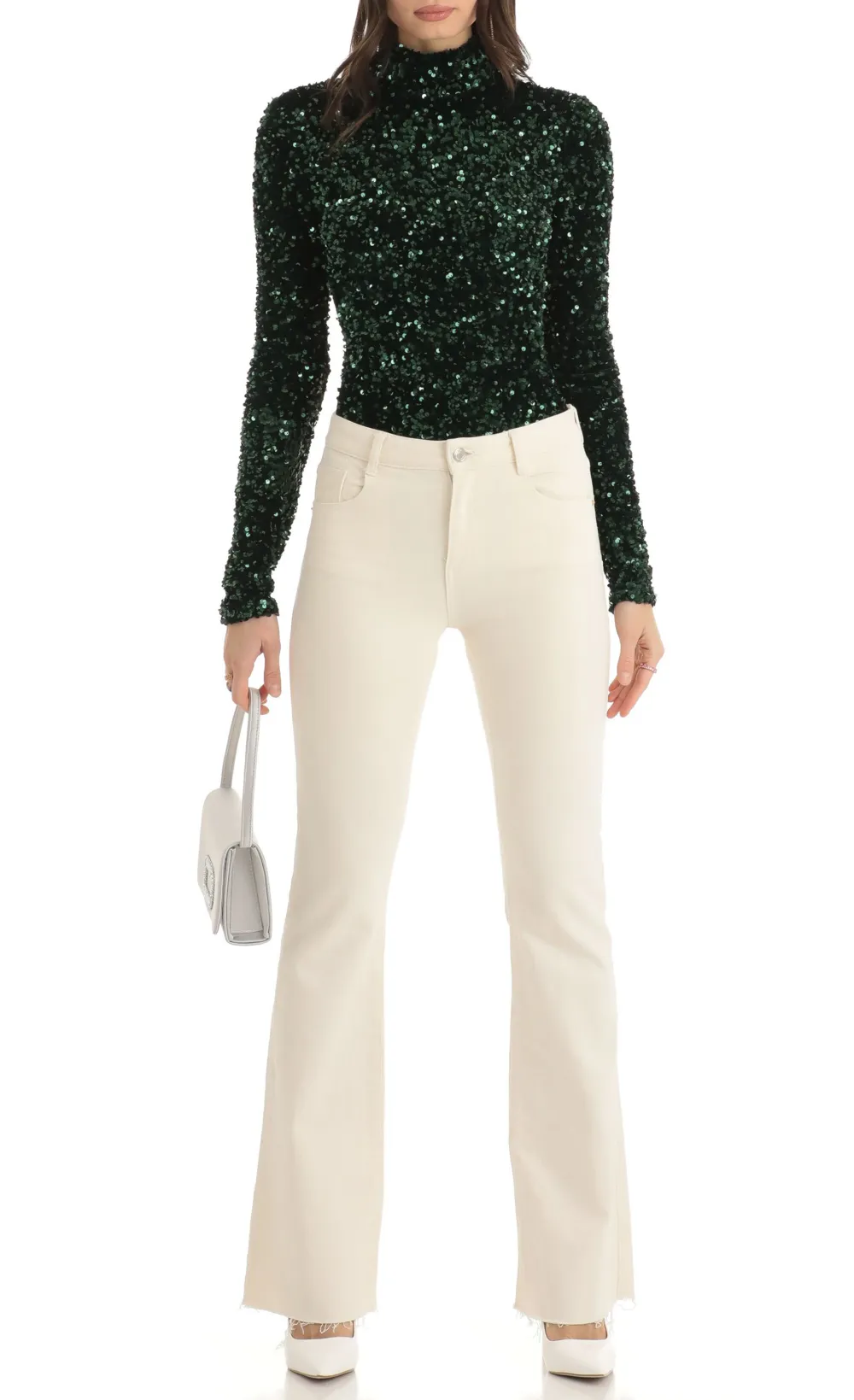 Velvet Sequin Long Sleeve Bodysuit in Green