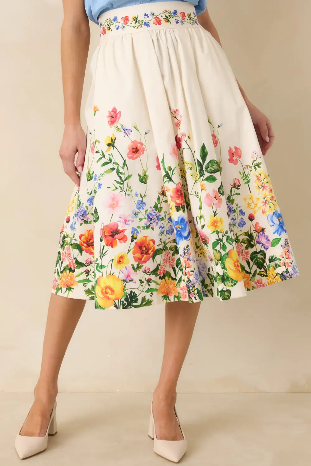 Beautiful Arrangement Multi Floral Cotton Midi Skirt