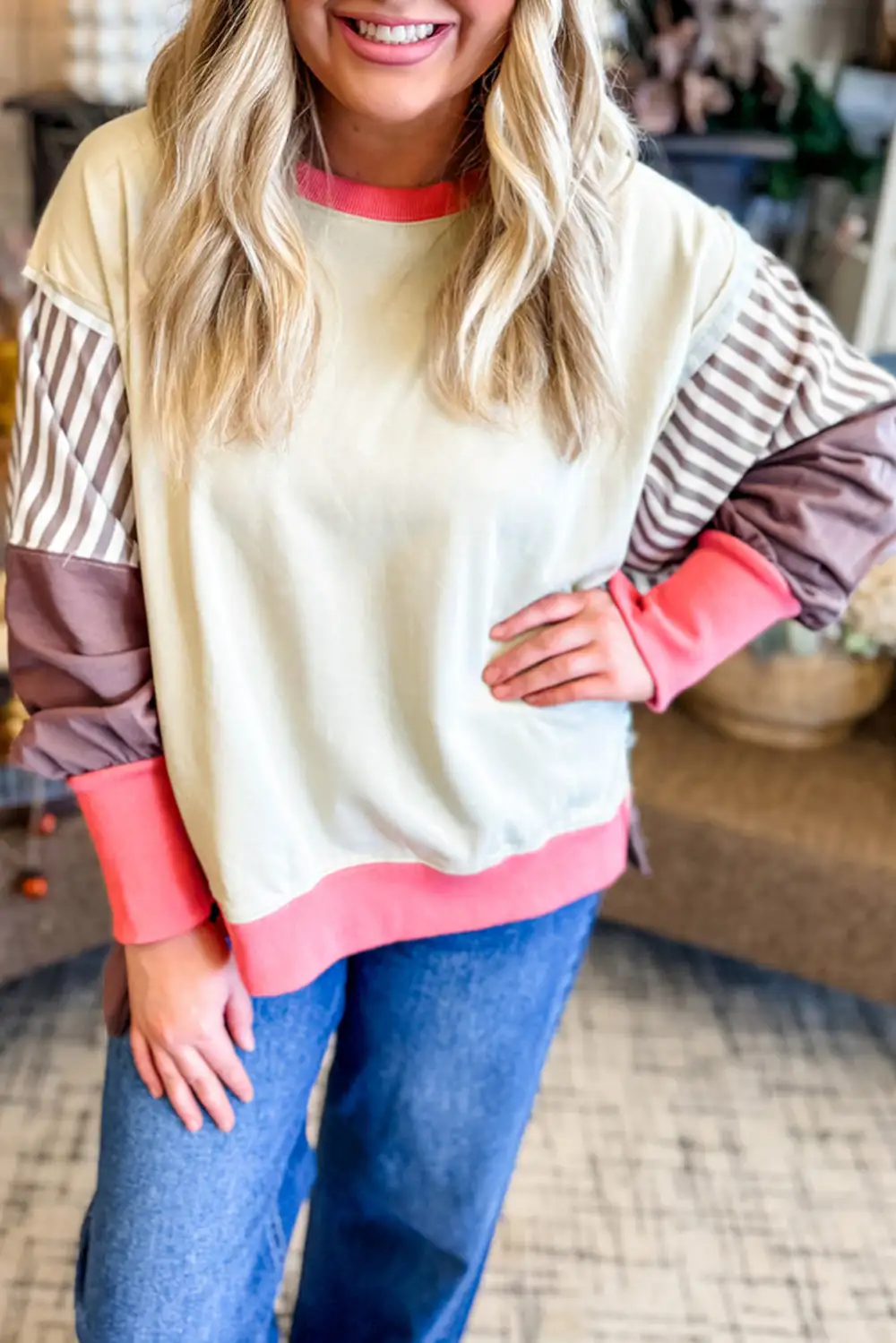 Striped Patchwork Dolman Sleeve Sweatshirt