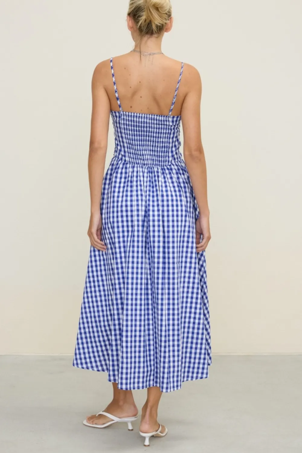 Strapless Gathered Gingham Midi Dress