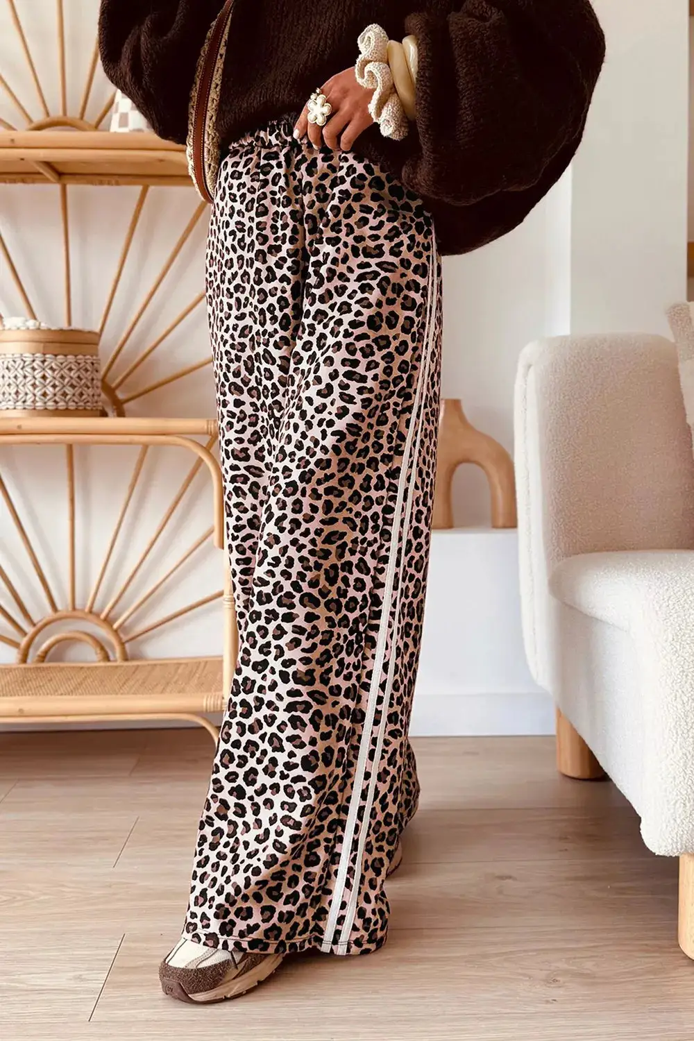Leopard Print Side Striped Detail Casual Wide Leg Pants