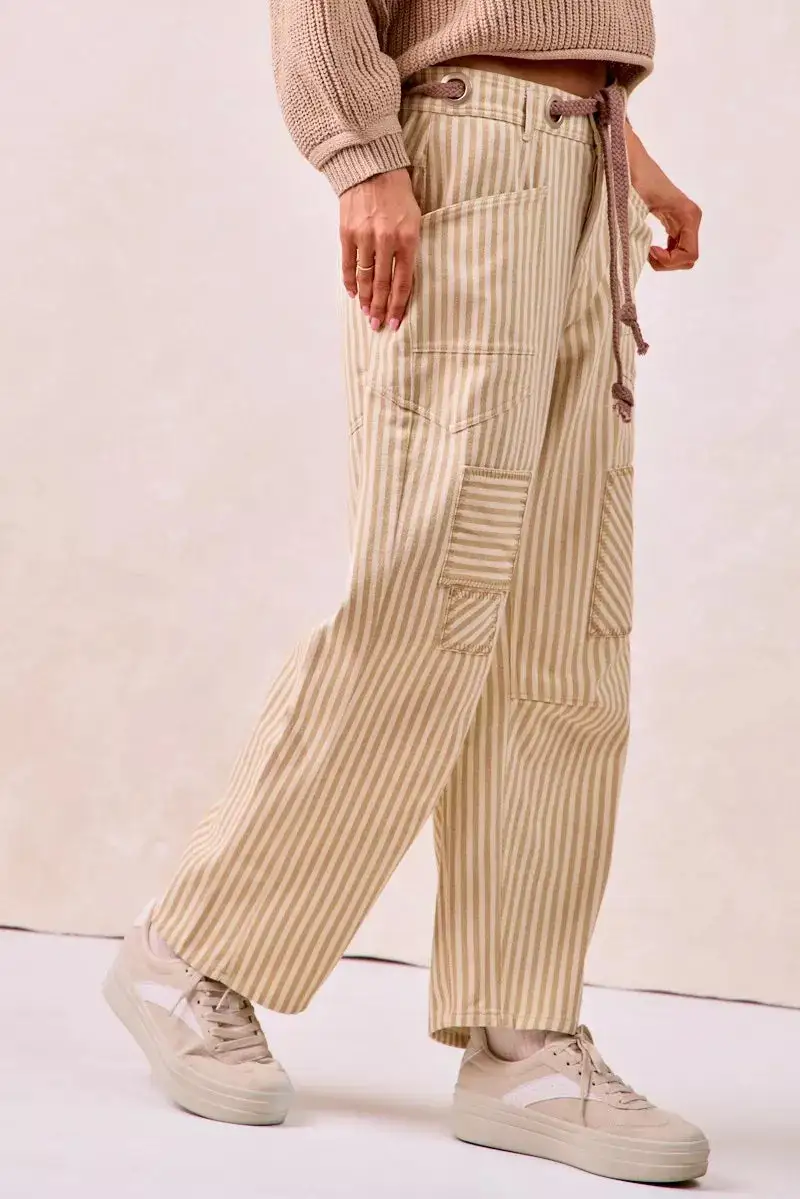 Easygoing Drawstring Striped Twill Barrel Pants