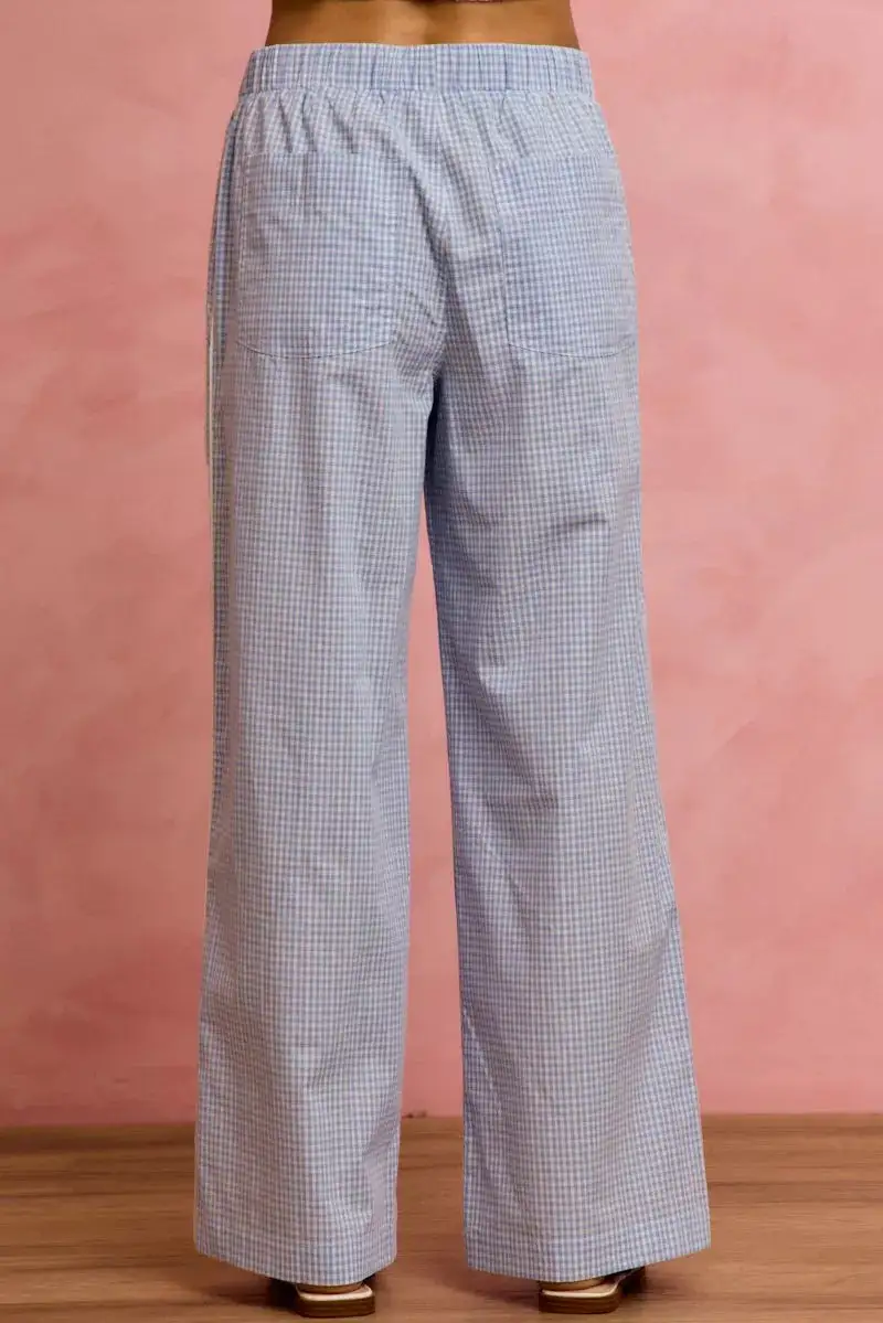 Wide Check Pants with Side Lace Trim and Piping