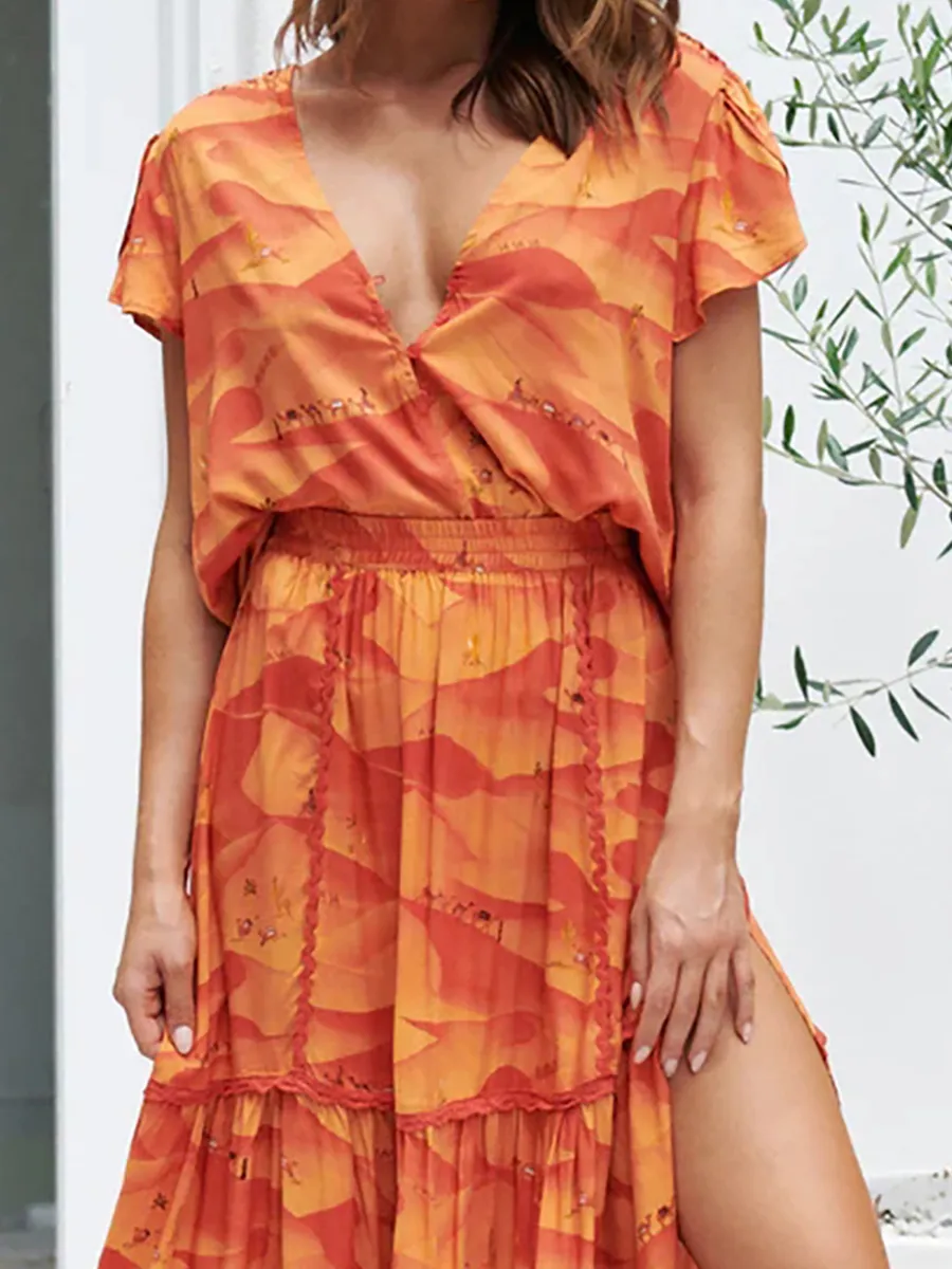 Orange V-neck cross neckline print waist dress