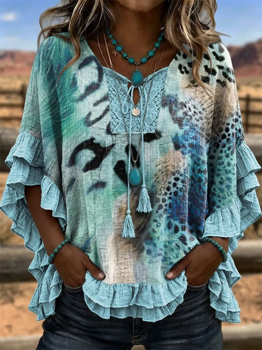 Women's Vintage Art Patchwork Hollow Design Cotton And Linen Shirt