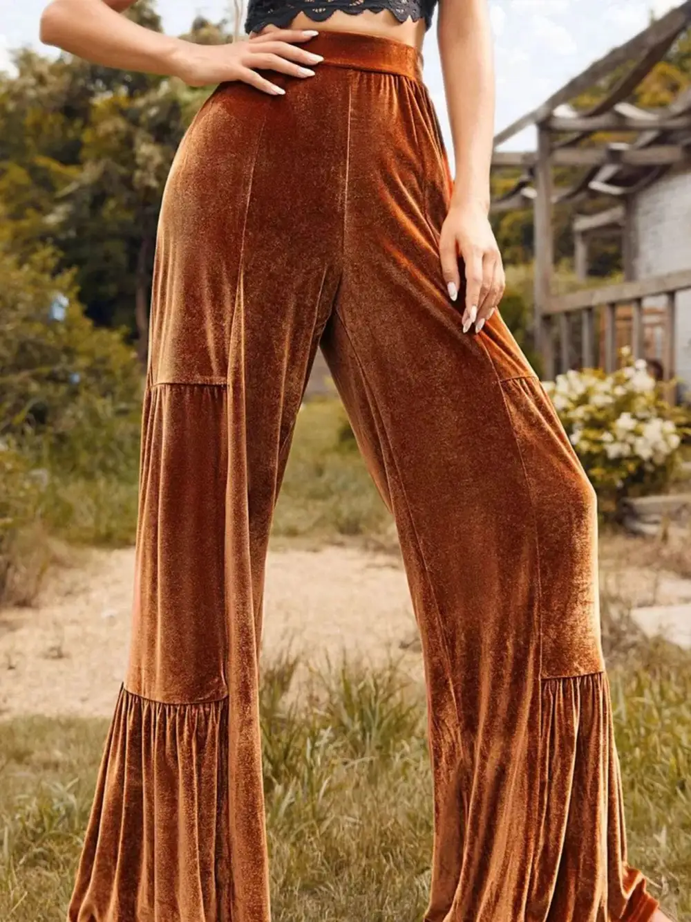 Velvet High Waist Wide Leg Pants