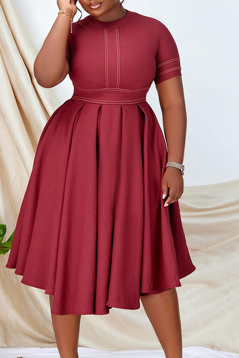 Plus Size Royal Blue Casual High Waist Pleated Round Neck Midi Dresses [New]