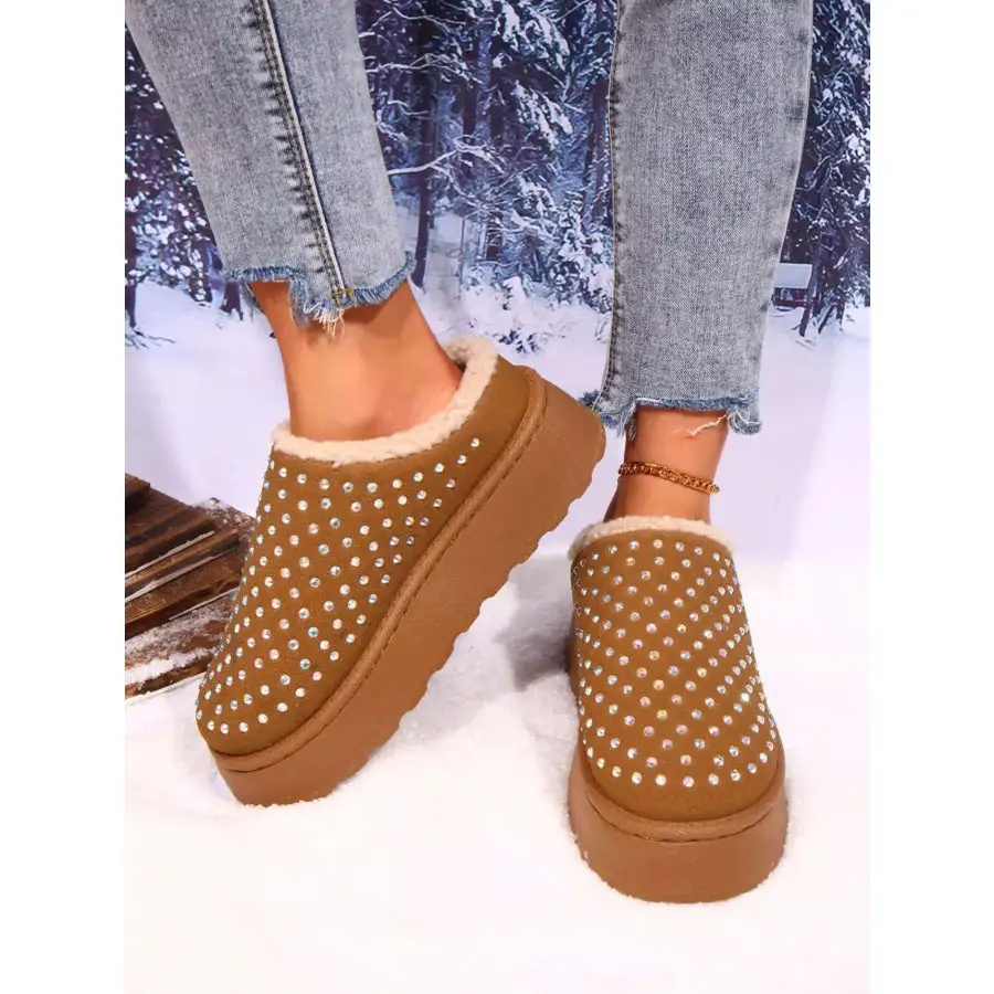 Rhinestone Round Toe Platform Slippers