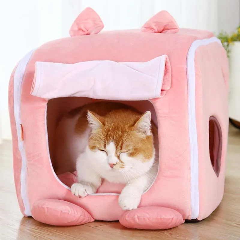 Pink Ice Cream & Rabbit Semi-Enclosed Cat Cave Bed