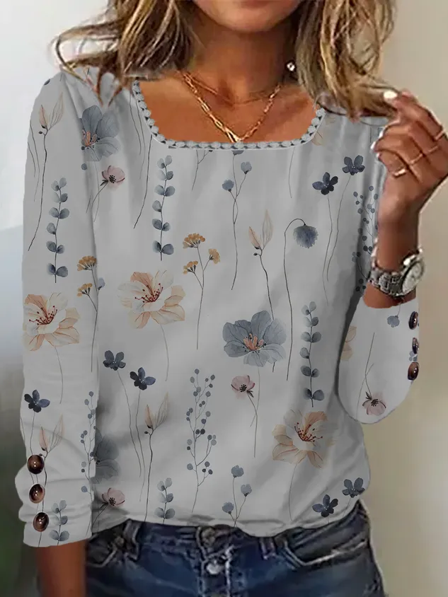 Casual Floral Square Neck Buttoned Shirt