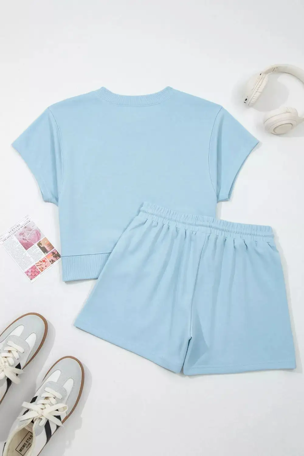 Solid Color Loose Tee Drawstring Shorts 2Pcs Outfit Set
