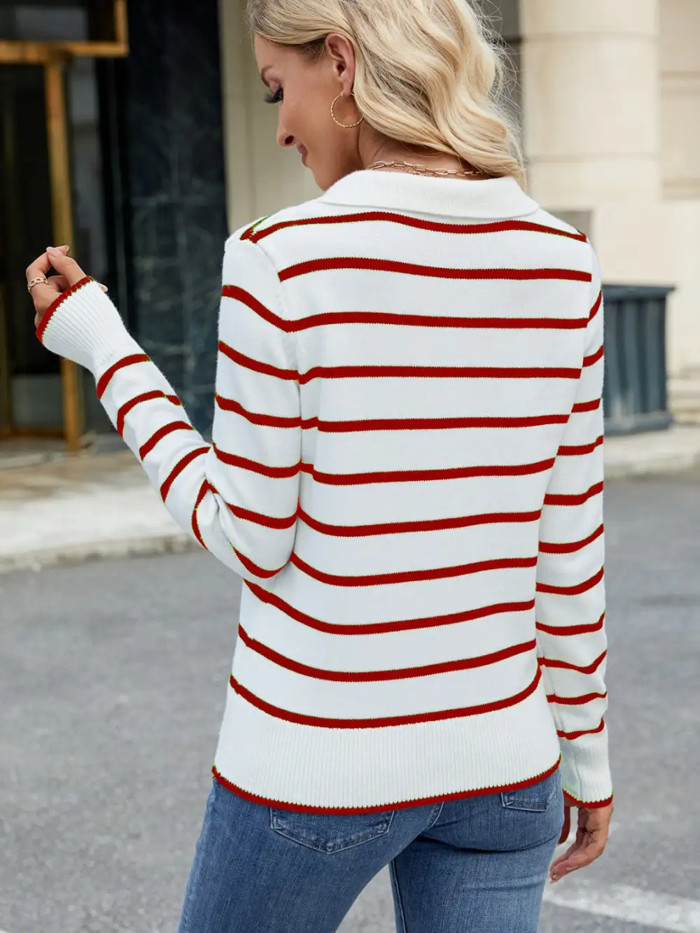 Striped Johnny Collar Long Sleeve Sweater