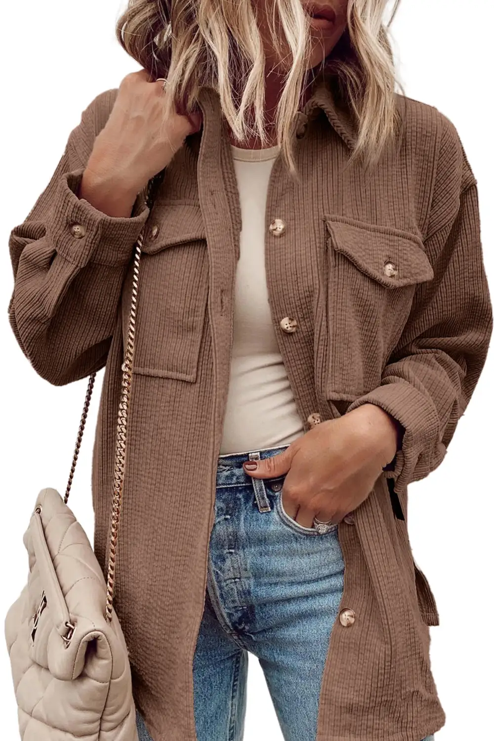 Chestnut Corduroy Flap Pocket Button-Up Shirt Jacket
