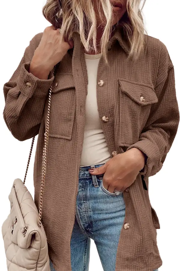 Chestnut Corduroy Flap Pocket Button-Up Shirt Jacket