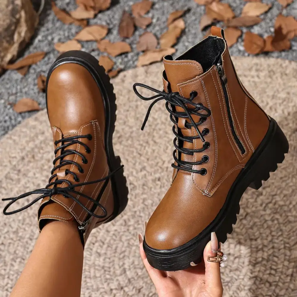 Textured Lace-Up Ankle Combat Boots
