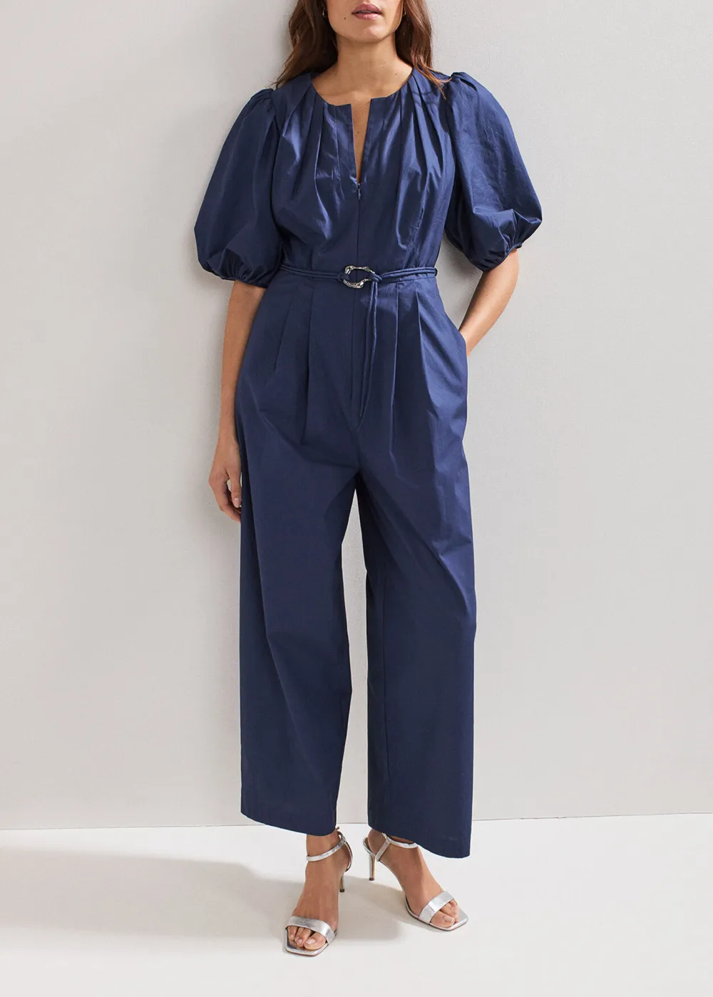 Casual And Versatile Navy Blue Puff Sleeve Women's Jumpsuit