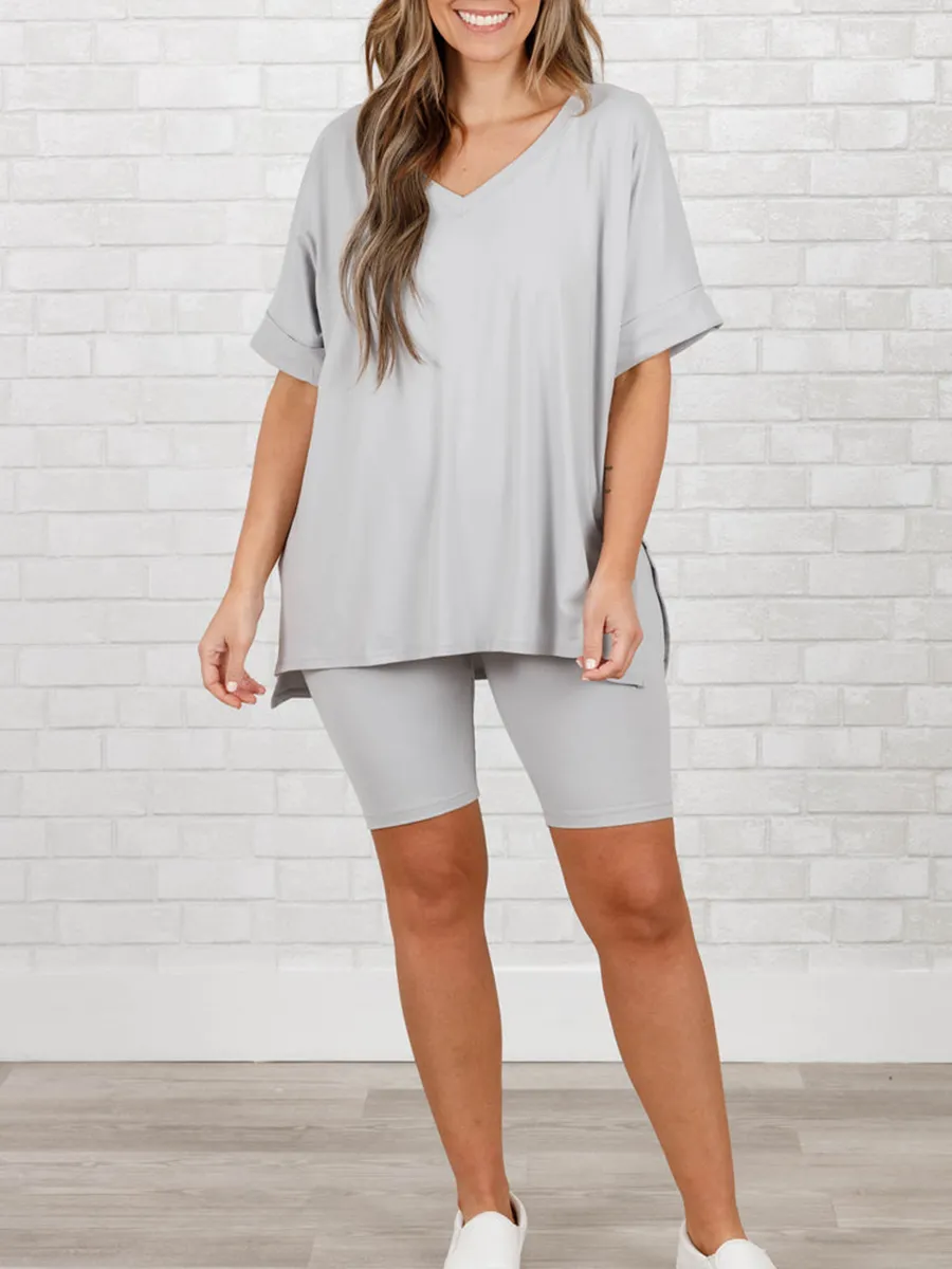 Casual slit short sleeved T-shirt shorts set