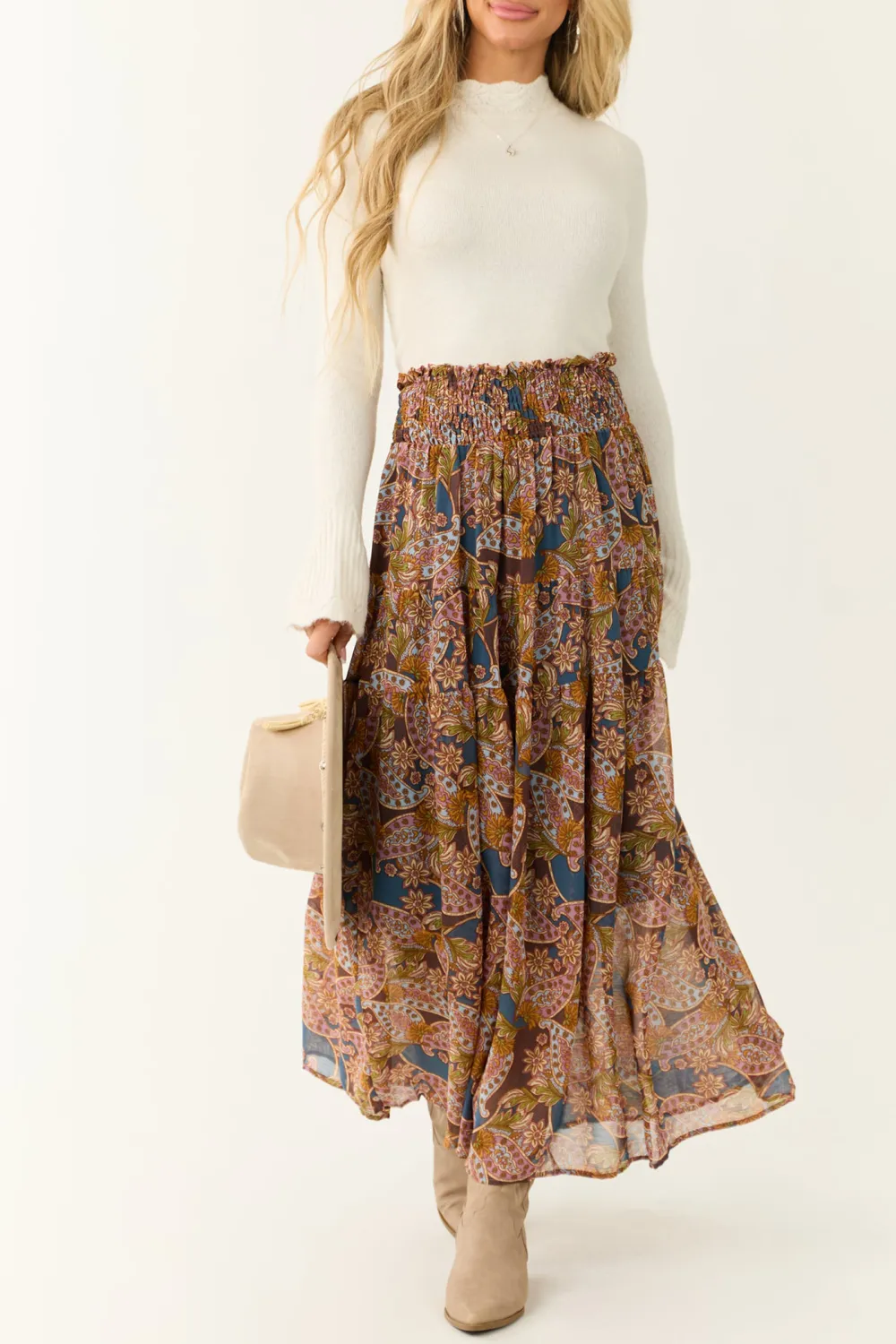 Steel Blue Abstract Floral Print Maxi Skirt