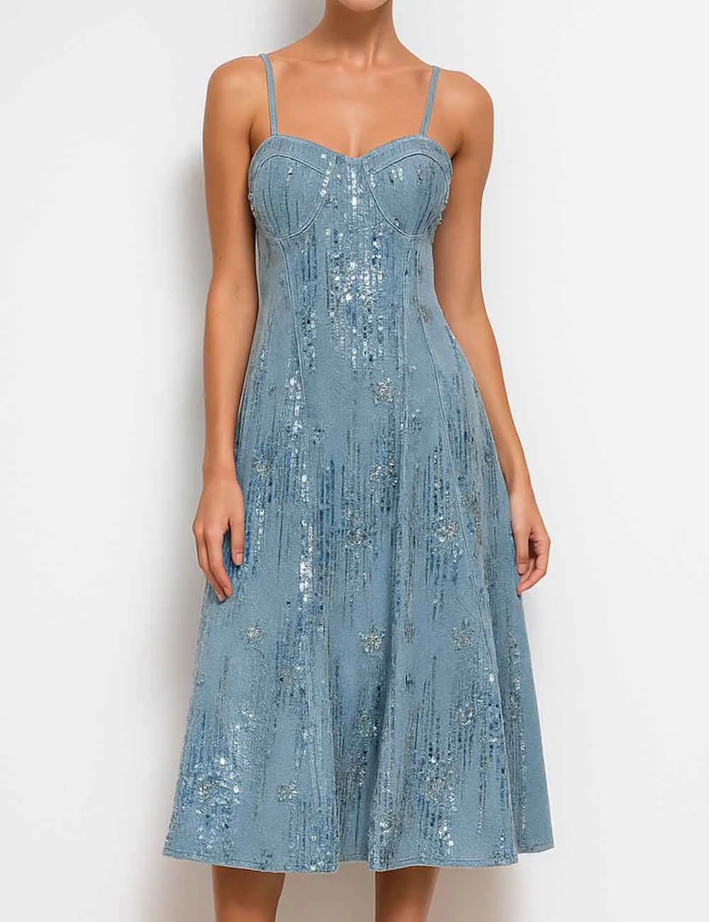 Sequin Sweetheart Neckline Sleeveless Denim Midi Dress