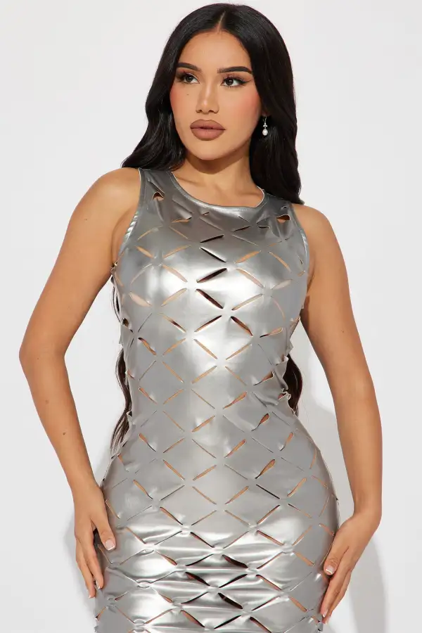 Cut It Out Faux Leather Maxi Dress - Silver