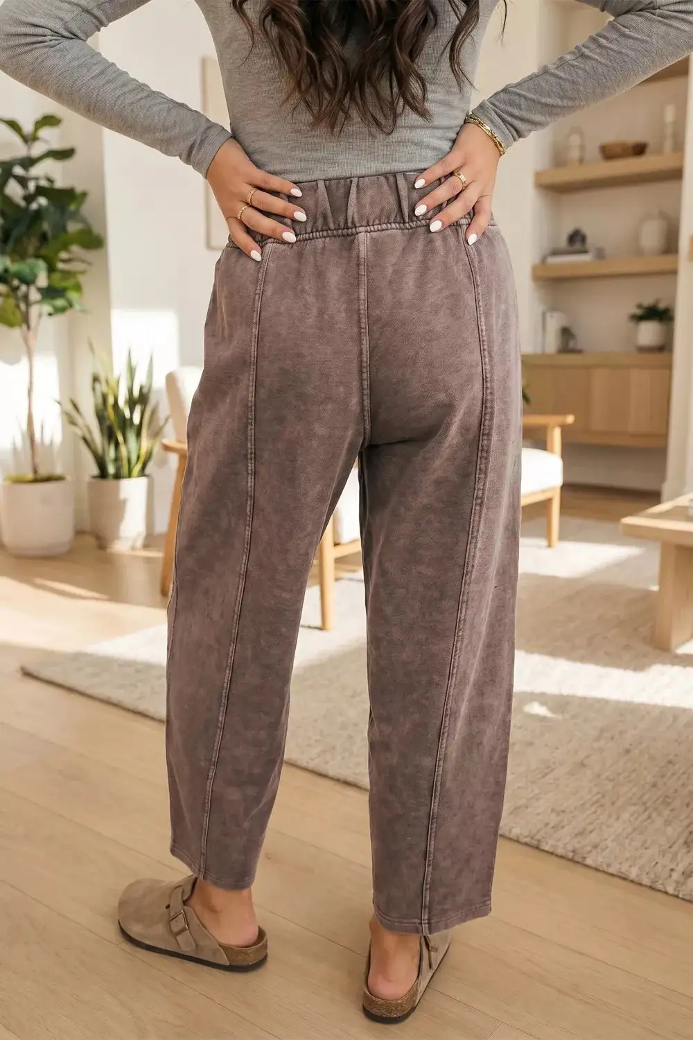 Mineral Wash Seam Detail Elastic Waist Barrel Pants