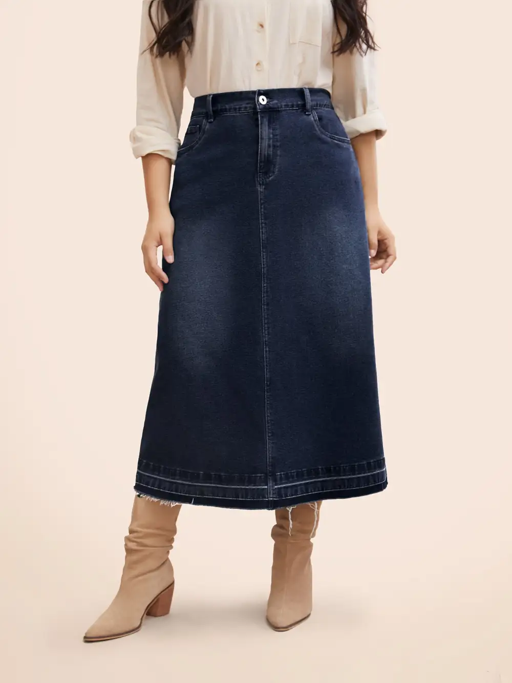 Stretch Denim Back Slit Midi Skirt