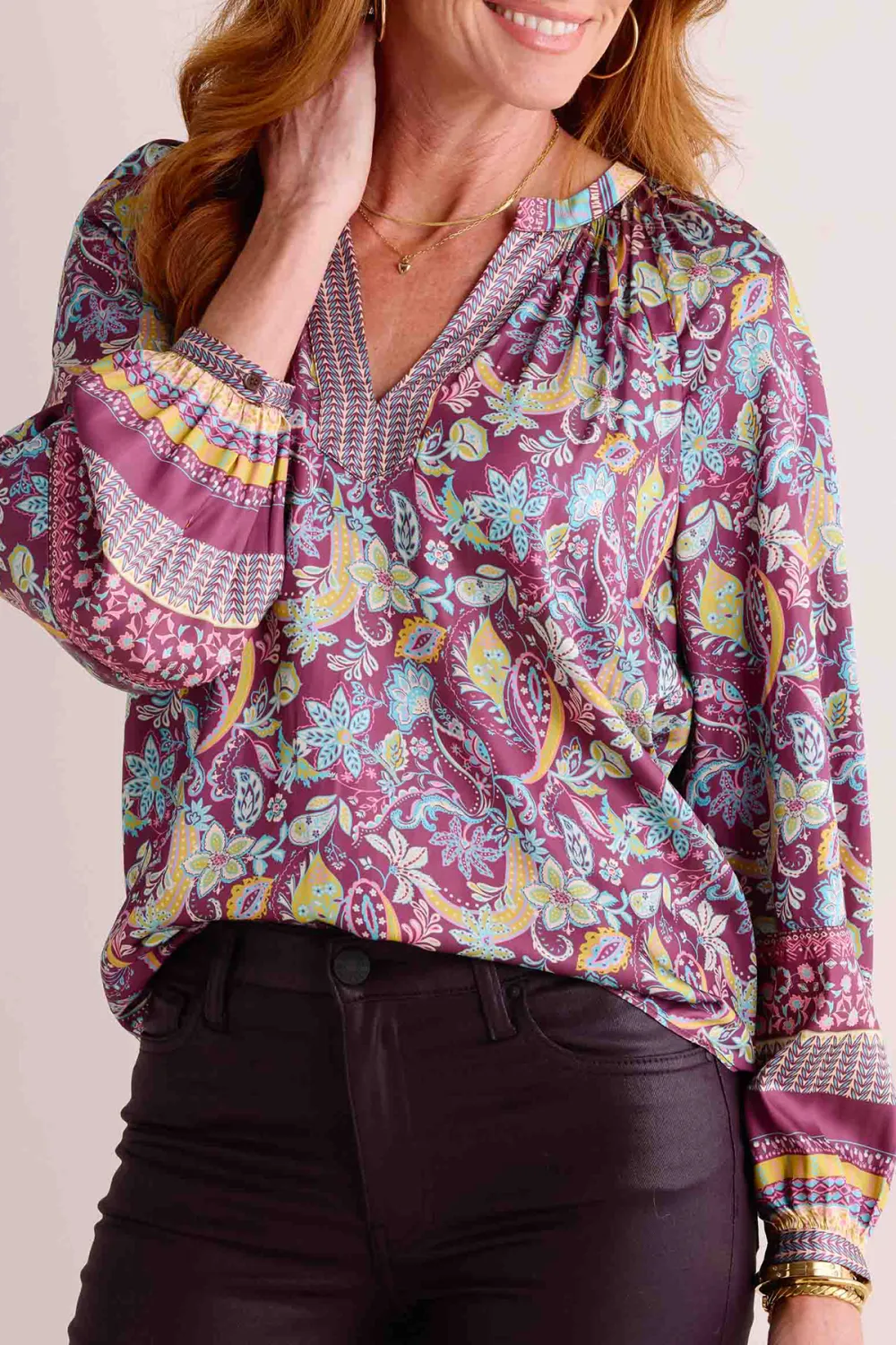 Purple Floral Print Classic V-Neck Long Sleeve Blouse