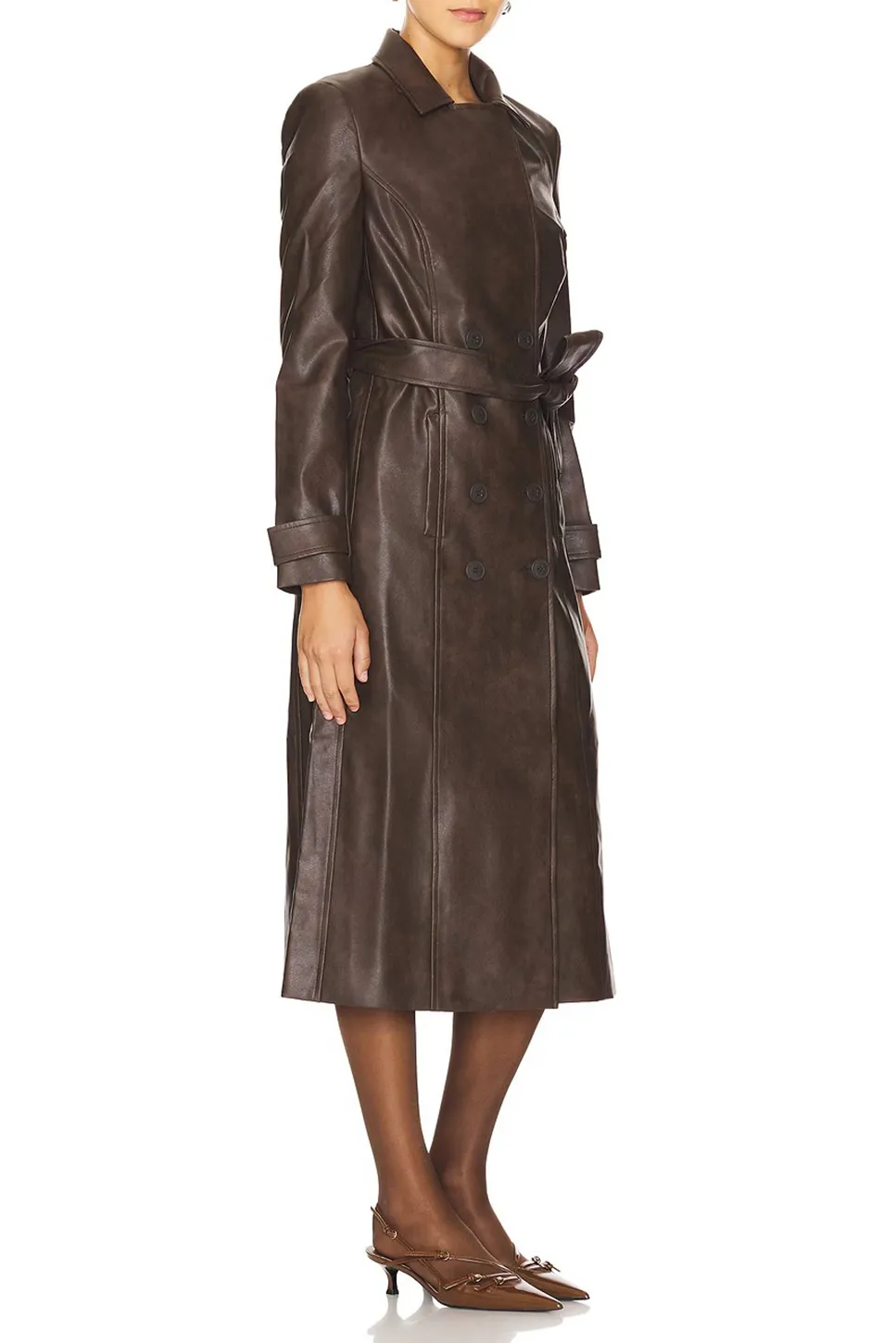 Faux Leather Trench Coat-Dark Chocolate