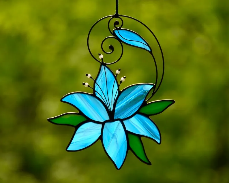 (Store Closing Sale) Stained glass blue lily window hangings, flower gift suncatcher