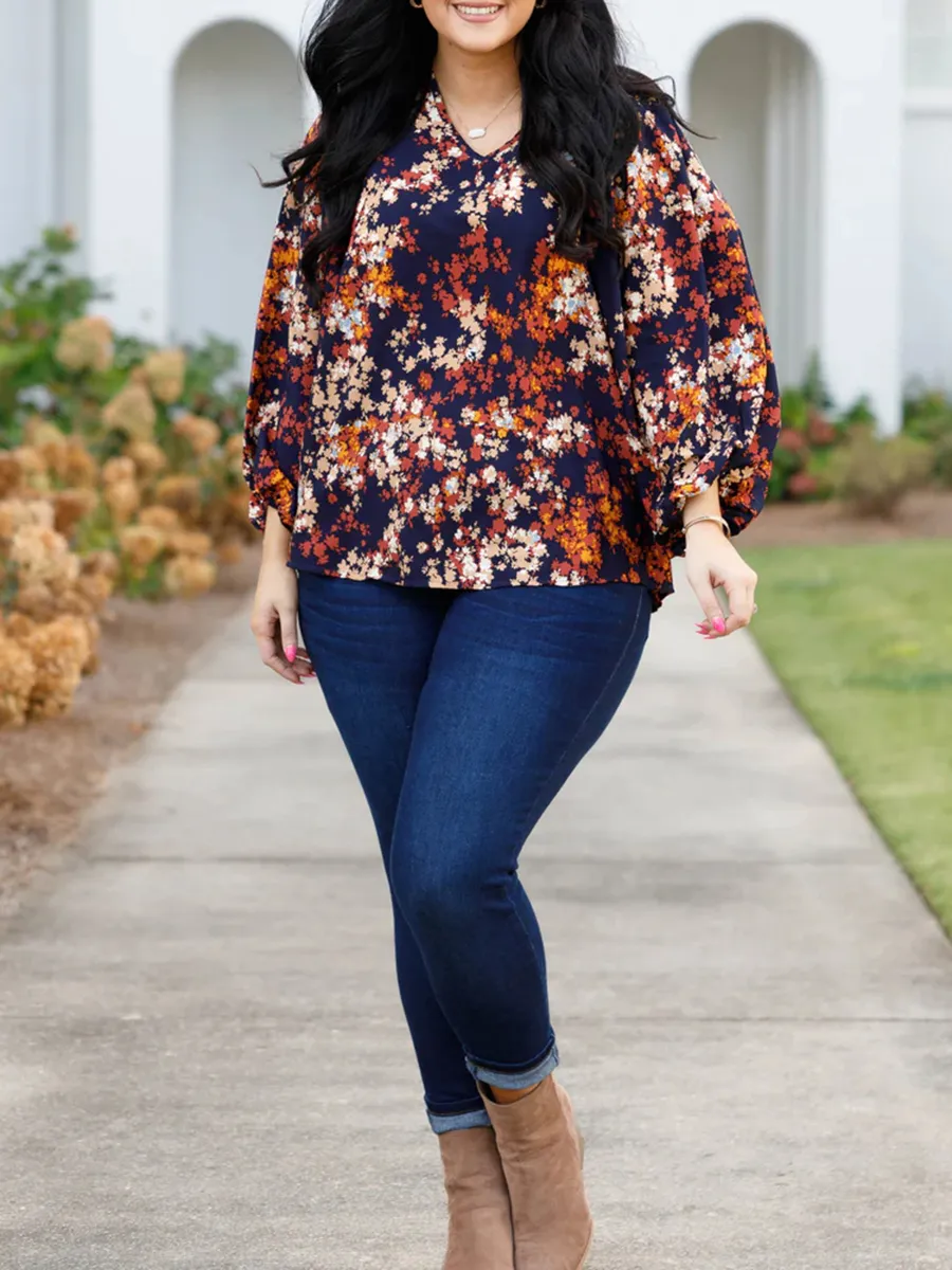 Floral Pattern V-Neck Lantern Sleeve Shirt