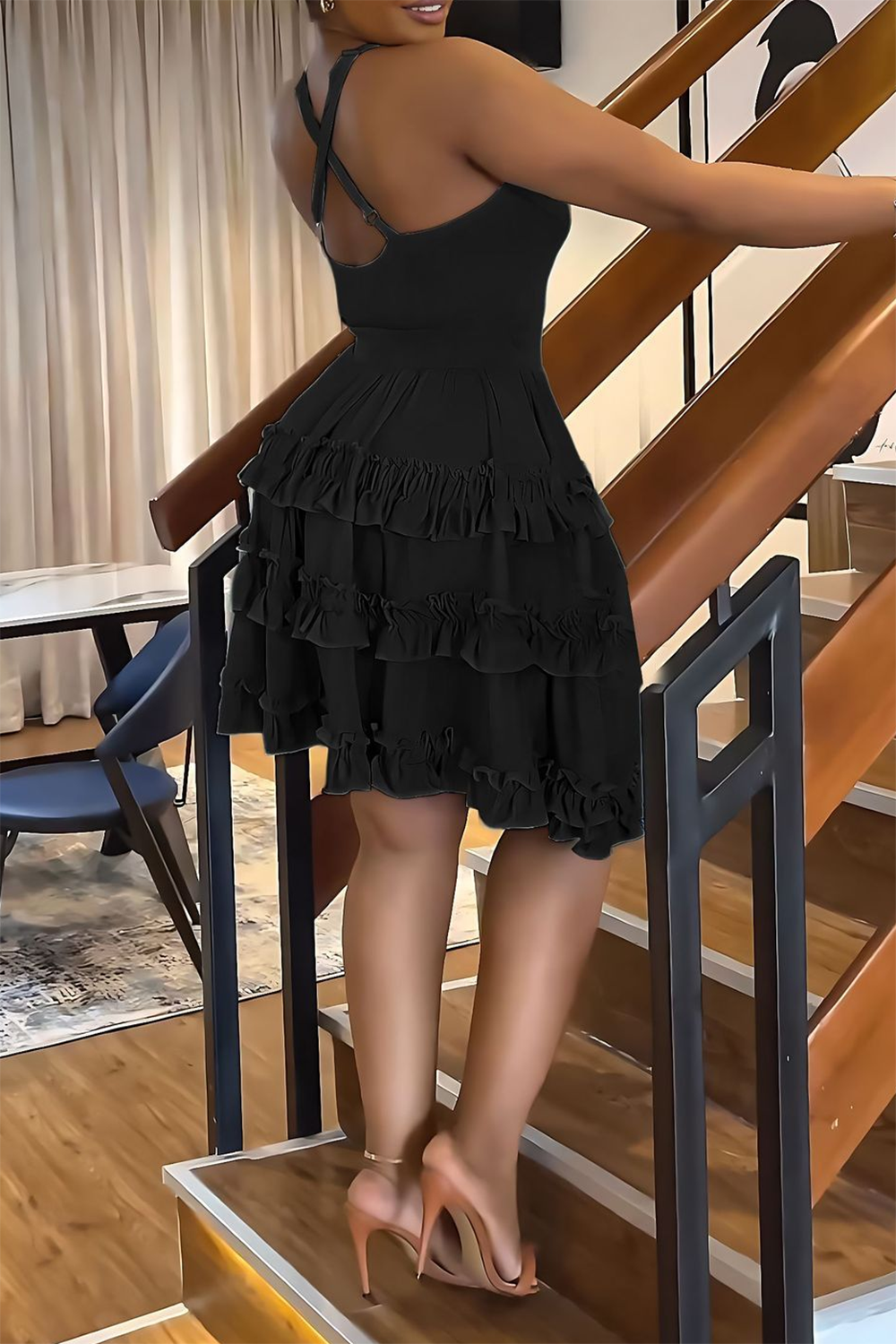 Plus Size Black Vacation Cut Out Sleeveless Ruffle Babydoll Mini Dresses [New]